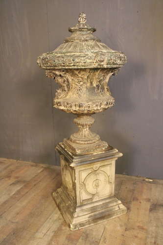 FRENCH CAST IRON URN ON PEDESTAL