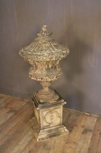 FRENCH CAST IRON URN ON PEDESTAL