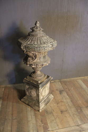 FRENCH CAST IRON URN ON PEDESTAL
