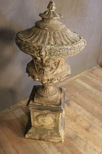 FRENCH CAST IRON URN ON PEDESTAL
