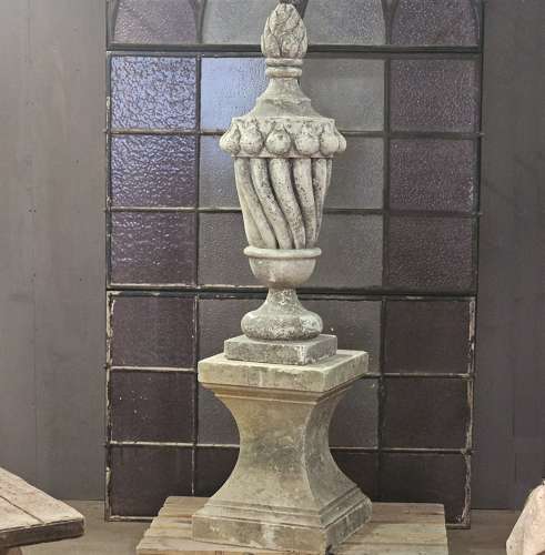 LARGE CARVED STONE ARCHITECTURAL FINIAL ON BASE