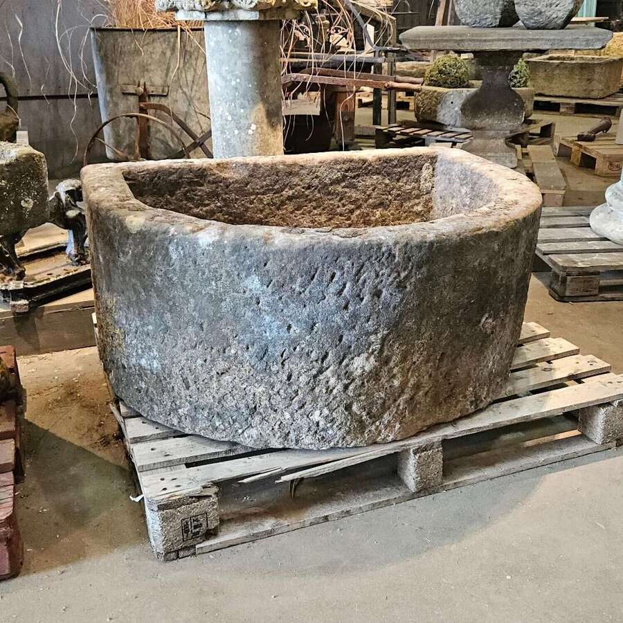 CARVED STONE D-SHAPED TROUGH