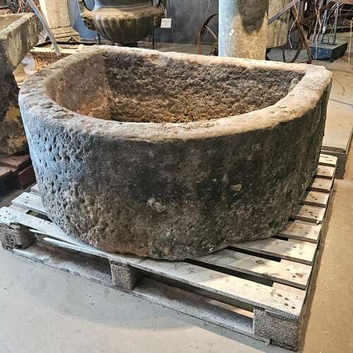 CARVED STONE D-SHAPED TROUGH